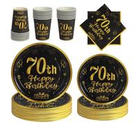 PYAILI 96 Pieces Black and Gold Birthday Party Tableware Set | 70th Black and Gold Birthday Party Tableware Paper Plates Set, for Children Birthday Party Table Decoration 24 Guests