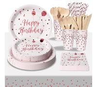 PYAILI White Rose Gold Birthday Tableware Set,193 Pcs Set,Serves 24 People | Includes plates, napkins, cups, and wooden utensils-perfect for children's birthday parties and themed parties