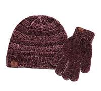 PYapron Winter Warm Beanie Hat and Gloves Set, Unisex Thermal Winter Warm Knitted Hat Glove for Men Women, Chunky Rib Knit, Chenille,Purple