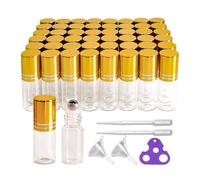 PYAWI 50 PCS Essential Oil Roller Bottles 3ml Clear Glass Roller Bottles with Stainless Steel Roller Ball,Gold Caps,for Travel Perfume Cosmetics Small Container(2 Funnels, 2 Dropper, 1 Opener) (3ml)