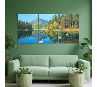 PYBILDCYJ Enchanting Lake Landscape with Swans and Reflections - 3 Pictures on Canvas 40 x 60 cm with Frame - Modern Wall Decoration Set Ready to Hang for Living Room, Bedroom, Office