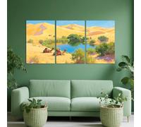 PYBILDCYJ Lovely Desert Landscape with Oasis and Camels - 3 Pictures on Canvas 40 x 60 cm with Frame - Modern Wall Decoration Set Ready to Hang for Living Room, Bedroom, Office