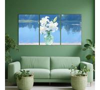 PYBILDCYJ White Lilies in Green Glass Vase with Lake Modern Canvas Print Wall Art 3 Piece Set with Wooden Frame HD Picture Prints Ready to Hang for Home & Office Decor (40cmx60cmx3)