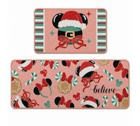 Pycat Christmas Kitchen Rugs Set of 2 Non Slip Washable Holiday Kitchen Mat | Festive Ears Santa Hat Candy Cane Bow Runner Rug for Floor, Pink Winter Decor 17x29 and 17x47 in