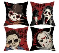Pycat Halloween Horror Movie Characters Decorative Throw Pillow Covers 20 x 20 Set of 4, Red Black Scary Grim Reaper Mask Porch Outdoor Home Decor, Scream Bloody Knives Bat Sofa Couch Cushion Case