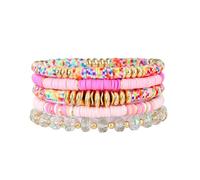 Pychee Summer Surfer Heishi Bracelet Set for Women Stackable Gold Plated Clay Ploymer Bead Stretch Pink Beach Layering Bracelets Jewelry, M, ploymer, no gemstone