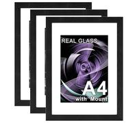 Pycisid Real Glass A4 Picture Frame, Pack of 3 Black A4 Frame with Glass Window, 21x29.7cm Photo Frames for Table Top and Wall Mounting