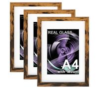 Pycisid Real Glass A4 Picture Frame, Pack of 3 Rustic A4 Frame with Glass Window, 21x29.7cm Photo Frames with Mount for Table Top and Wall Mounting