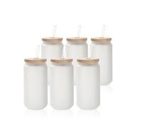 PYD Life Sublimation Glass Cans Blanks Frosted 18 OZ with Bamboo Lid and Clear Glass Straw Beer Cans Wide Mouth Jar Tumbler Cups Mugs for Iced Coffee,Juice,Soda,Drinks,Beer 6 Pack