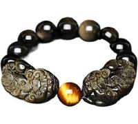 PYENHDI Feng Shui Bracelet, Beaded Bracelets Feng Shui Wealth Natural Golden Obsidian Double Pixiu Bracelet Attract(Gold Tiger Eye-12mm)