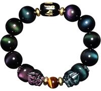 PYENHDI Feng Shui Bracelet, Beaded Obsidian Double Pixiu Bracelet Prosperity Rainbow Tiger Eye Stone Talisman(14mm)