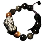 PYENHDI Feng Shui Bracelet, Black Obsidian Pixiu Dragon Adjustable Wealth Talisman Reiki Crystal Chakra Quartz(Black Single Pixiu,14mm)