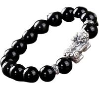 PYENHDI Feng Shui Bracelet, Natural Black Obsidian Pi Xiu Bracelet Beaded Pure Silver Crystal Lucky Charm(Silver-12mm)