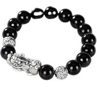 PYENHDI Feng Shui Bracelet, Obsidian Pixiu Pure Silver Charm Bracelet Healing Chakra Gemstone Talisman Natural Crystal