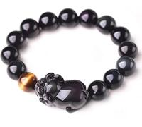 PYENHDI Feng Shui Bracelet, Wealth Obsidian Pig Tiger Eye Beaded Feng Shui Adjustable Gemstone Amulet Attract(10MM)