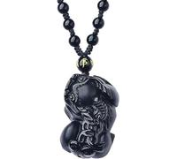 PYENHDI Pixiu Jade Necklace, Black Obsidian Pi Yao Charm Pendant Crystal Necklace Tian Lu Quartz Chakra Gem Prosperity(Black,Beaded Chain)
