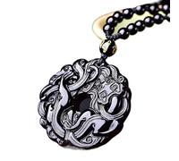 PYENHDI Pixiu Jade Necklace, Feng Shui Wealth Necklace Black Obsidian Pixiu Grass Dragon Pendant,with Beaded Cord(With Beaded Cord)