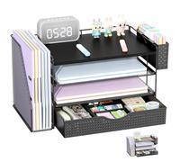 Pygocereri Wood Desk Organiser and Accessories with File Holder, 4-Tier Desk Accessories & Workspace Organisers with Drawer and Pen Holder, Paper Organiser for Office Supplies (Black)