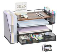 Pygocereri Wood Desk Organiser and Accessories with File Holder, 4-Tier Desk Accessories & Workspace Organisers with Drawer and Pen Holder, Paper Organiser for Office Supplies (Wood)