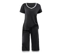 Pyjama Set for Lady Womens Pyjamas Set Tops Pants Women's Two Suit Striped Pajamas Set Short Sleeve Tops And Solid Color Spliced 3/4 Length Pants Womens Romper Pajamas (Grey, XXL)