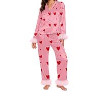 Pyjama Set Women Button Heart Print Silk Satin Pjs Valentines Feather Trim Long Sleeve Shirt Toursers Set Elegent v Neck Soft 2 Piece Stretch High-Waisted Lounge Sleepwear Gift Daliy