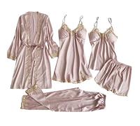 Pyjama Set Women Sleepwear Girls Ladies Nightwear Silk Satin Pajamas Lace Floral Nighties 5Pcs Robe Dressing Gown Nightdress with Chest Pad Gifts for Women Set