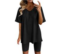 Pyjama Sets for Women UK Shorts 2 Piece Outfits Solid Color Basic Short Sleeve V-Neck Tops & Comfort Fit Elastic Waist Bermuda Shorts Cmofy Casual Loungewear Sleepwear Nightwear