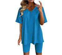 Pyjama Sets for Women UK Shorts 2 Piece Outfits Solid Color Basic Short Sleeve V-Neck Tops & Comfort Fit Elastic Waist Bermuda Shorts Cmofy Casual Loungewear Sleepwear Nightwear