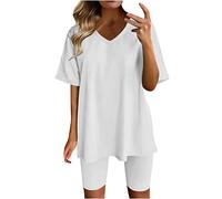 Pyjama Sets for Women UK Shorts 2 Piece Outfits Solid Color Basic Short Sleeve V-Neck Tops & Comfort Fit Elastic Waist Bermuda Shorts Cmofy Casual Loungewear Sleepwear Nightwear