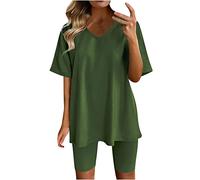 Pyjama Sets for Women UK Shorts 2 Piece Outfits Solid Color Basic Short Sleeve V-Neck Tops & Comfort Fit Elastic Waist Bermuda Shorts Cmofy Casual Loungewear Sleepwear Nightwear