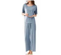 Pyjama Shorts Set Women, Womens 2 Piece Outfits Summer Casual Loose Short Sleeve Pullover Tops & Wide Leg Pants Lounge Sets Tracksuit Pjs Sets Crinkle Ice Silk Lightweight Stretch Loungewear Blue