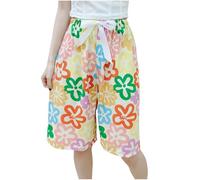 Pyjama Shorts Women Summer Knee Length Shorts Baggy Plaid Pyjama Bottoms Floral Pjs Lightweight Lounge Pants Elastic Waist Cropped Trousers Casual Capri Pants for Lounge Sleepwear