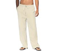 Pyjamahose FüR MäNner In üBergrößE Yogahose Herren Baumwolle Und Leinen Gestreiftes Freizeithose Lang Weites Bein Bundgummi Strandhose Mode Lassige Elastische Hosen Mit Taschen