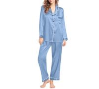 Pyjamas Button Down Long Sleeve For Women - Silk Pajamas Womens Plus Size Solid Color Sleepwear All Year Satin Silk Nightwear Comfy Sleepwear And Loungewear Set Natural Silk Loungewear Light Blue