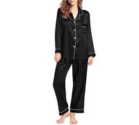 Pyjamas Cosy for Women Lady Pyjama Set Tops Pant Womens Silk Like Pajamas Long Sleeve Set Two Sleepwear Button Down Nightwear Loungewear Sets Womens Lounging Pajamas (Black, XL)
