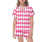 Pyjamas For Girls - Puff 2 Piece Outfits for Girls Bow Printed Pajam Set Silk Lapel Button Down Short Sets Cute Preppy Clothing Sets 2-13Y