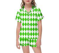 Pyjamas For Girls - Puff 2 Piece Outfits for Girls Bow Printed Pajam Set Silk Lapel Button Down Short Sets Cute Preppy Clothing Sets 2-13Y
