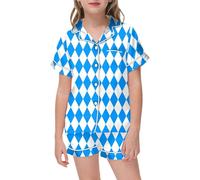 Pyjamas For Girls - Puff 2 Piece Outfits for Girls Bow Printed Pajam Set Silk Lapel Button Down Short Sets Cute Preppy Clothing Sets 2-13Y