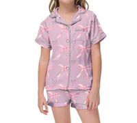 Pyjamas For Girls - Women's 2 Piece Pajama Set Bow Graphic Button Down Short Sleeve Lapel Shirt Pj Short Set