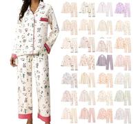 Pyjamas for Women,2 Piece Loungewear Ladies Pyjama,Printed Long Sleeve Button down Women's Pjs with Pockets & Trousers,Soft Comfy Loose Fit Womens Pyjamas Set,Plus Size Autumn Winter Pajamas Outfits