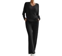pyjamas for women 2025 Ladies Knitted Outfit Oversized Long Sleeve Solid Color Tops Wide Leg High Waist Trousers Cosy Pyjamas Holiday Dailywear (Black, L)