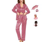 Pyjamas For Women Ladies Silk Satin Pyjama Set Long 2pc Pj Sets Bride Pj Set Bridal Button Down Sleepwear Bridesmaid Pajamas Loungewear With Eye mask And Scrunchies 3 In 1 Set…