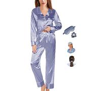 Pyjamas For Women Ladies Silk Satin Pyjama Set Long 2pc Pj Sets Bride Pj Set Bridal Button Down Sleepwear Bridesmaid Pajamas Loungewear With Eye mask And Scrunchies 3 In 1 Set…