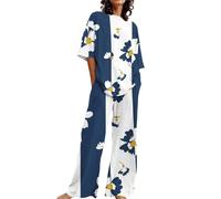 Pyjamas for Women Pjs for Women Sets 2 Piece Outfits Loungewear Sets Long Sleeve Leisure Suits Sleepwear Homewear Nightwear Outfits 2 Cotton Linen Set Oversized T Shirts Straight Leg Pant Plus Size