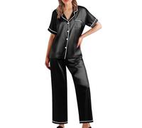 Pyjamas for Women Pyjamas Soft Satin Nightwear Ladies Pyjama Classic Short Sleeve Tops and Pjs Trousers Bottoms Two Piece Sets Cosy Pajama Outfits Silk Sleepwear Loungewear Co ord Sets Black