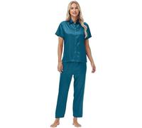 Pyjamas for Women Uk Satin Pjs Set Two Piece Faux Silk Pyjamas for Ladies Button Down Top & Long Pants Sleepwear Loungewear Gifts for Mum,Royal Blue,M,U671W