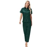 Pyjamas for Women Uk Satin Pjs Set Two Piece Faux Silk Pyjamas for Ladies Button Down Top & Long Pants Sleepwear Loungewear Uk Size 8 10 12 14 16,Dark Green,M,U659W