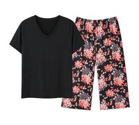 Pyjamas For Women,Women Pajama Sets for Women Lightweight Sleepwear with Short Sleeve Top and Capri Pants Casual Daily Loungewear 2-Piece Set for Summer Online (Black, XXXXL)