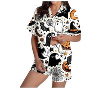 Pyjamas Girls Short Pyjamas Women's Short Pyjamas Two Piece Shorty Sleepwear with Button Turn-Down Collar Sleepwear Comfortable Casual Short Sleeve Top and Pyjama Bottoms Sleepsuit Printed Halloween