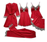 Pyjamas Set for Women Lace Pajamas 5pcs Set Sexy Lace Trim Satin Sleepwear Robe Bathrobe Trousers Shorts Nightgown Nightdress Silk Pajamas Loungewear Solid Homewear Nightwear Sets Sale Clearance